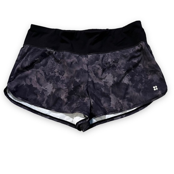 Sweaty Betty running Shorts Built In Liner Zip Waist Pocket Black Gray Large - Picture 1 of 8